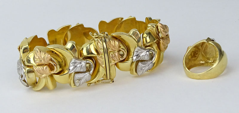 Vintage Italian 14 Karat Tricolor Gold Bracelet and Ring Suite.