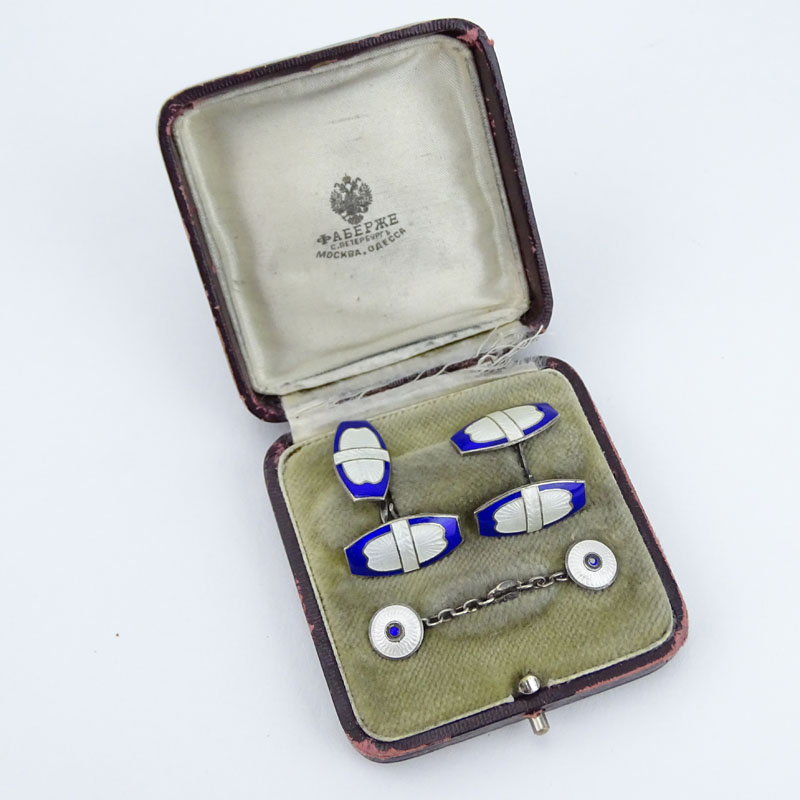 Antique Faberge 84 Silver and Guilloche Enamel Dress Shirt Set with Faberge Fitted Box.