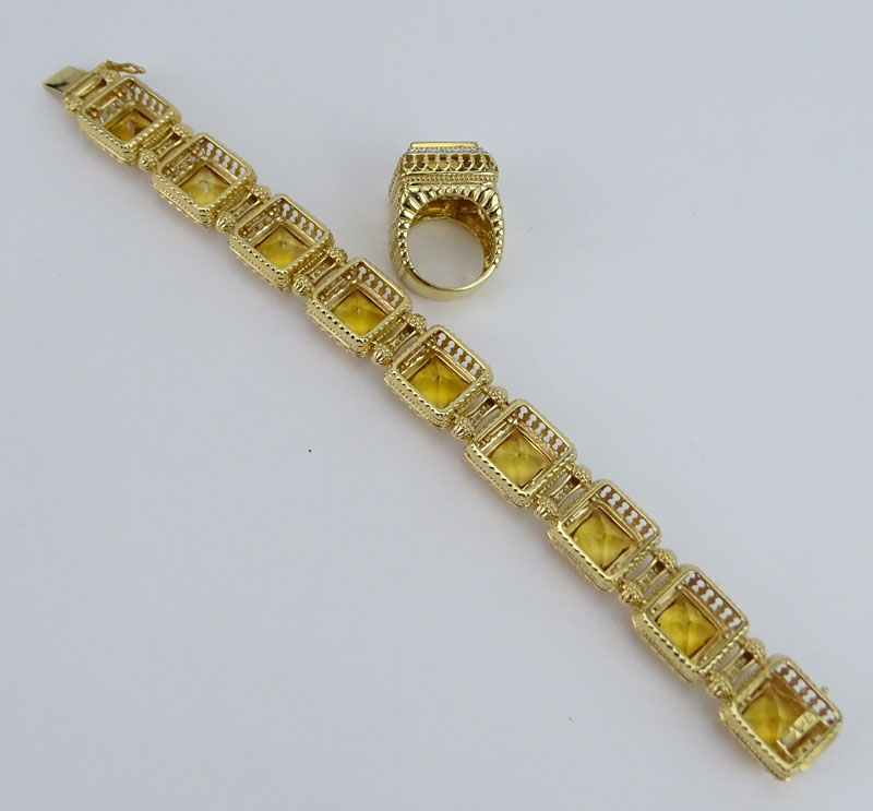 Vintage Square Cut Citrine, Diamond and 14 Karat Yellow Gold Bracelet and Ring Suite. 