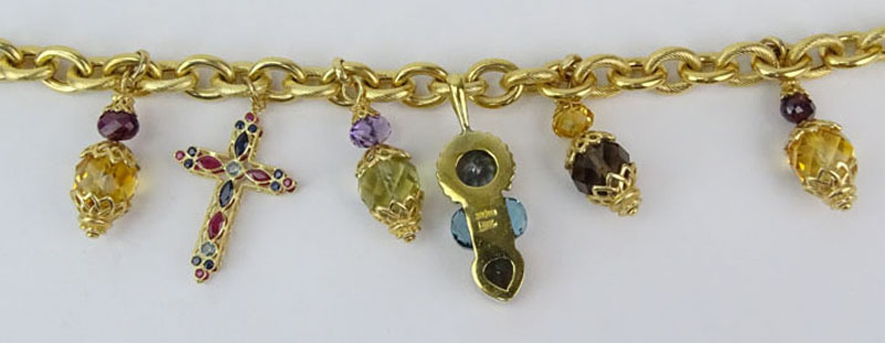 Vintage 14 Karat and 18 Karat Yellow Gold and Multi Gemstone Charm Bracelet and Ring Suite.
