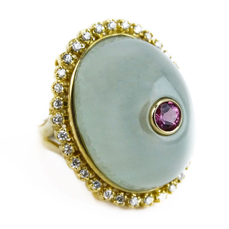 Vintage Cabochon Aquamarine, Pink Sapphire, Diamond and 18 Karat Yellow Gold Ring. 