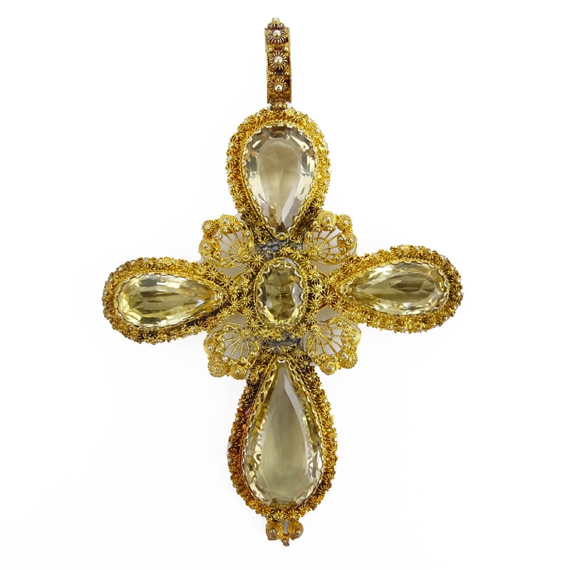 Antique Delicate 18 Karat Yellow Gold Filigree and Pear Shape Citrine Cross Pendant / Brooch.