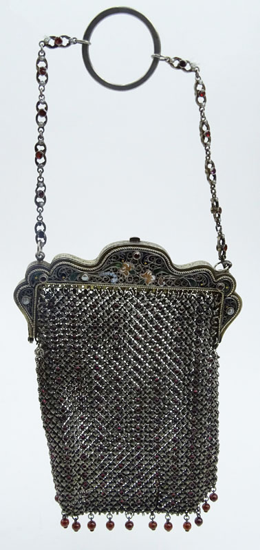 Antique Faberge 84 Silver Mesh and Enamel Lady's Evening Bag accented throughout with Rubies and small Pearls Stamped ??, 84 silver mark, H.W. (Henrik Wigstr�m). 