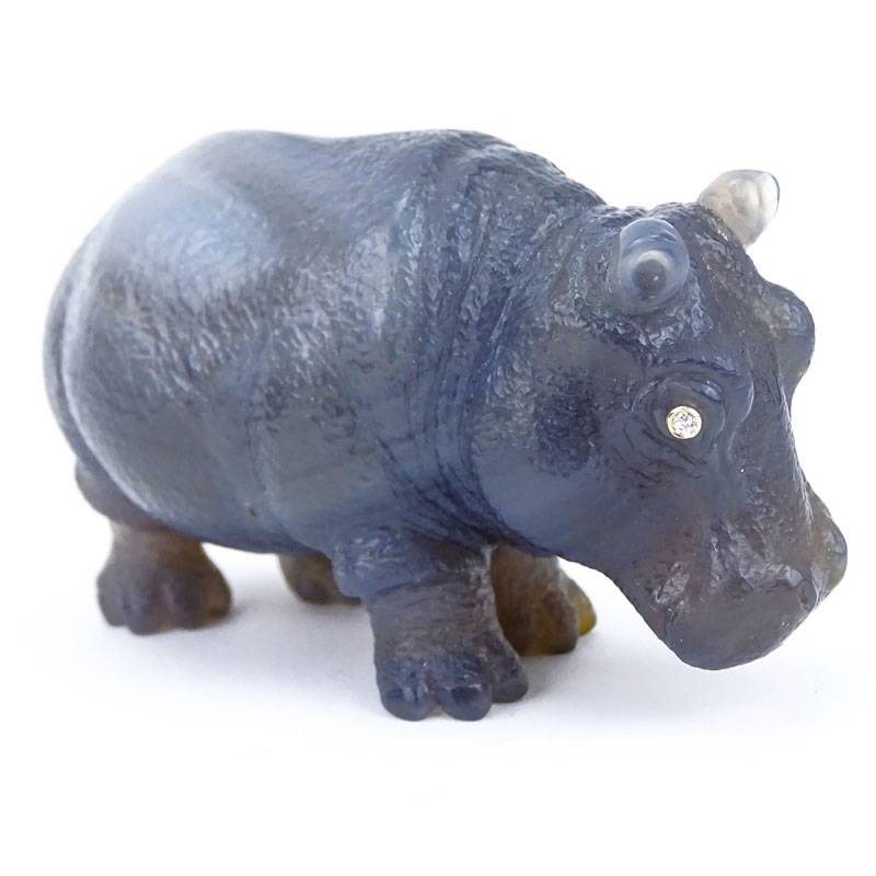 Antique Faberge Carved Agate Figural Hippopotamus with Old European Cut Diamond Eyes.