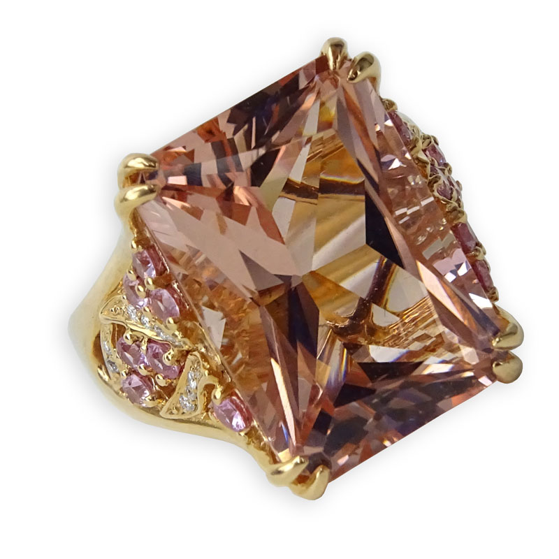 Large Cushion Cut Morganite, Pink Sapphire, Diamond and 18 Karat Yellow Gold Ring. Morganite measures 18mm x 13mm. 