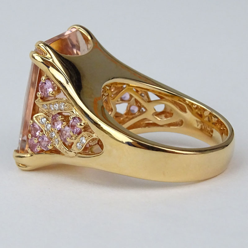 Large Cushion Cut Morganite, Pink Sapphire, Diamond and 18 Karat Yellow Gold Ring. Morganite measures 18mm x 13mm. 