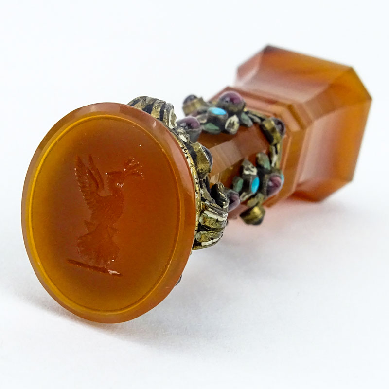 Antique Carnelian Wax Seal Stamp with Enameled Silver Mounts Accented with Cabochon Amethyst and Turquoise.