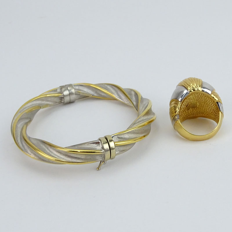18 Karat Yellow and White Gold Hinged Bangle Bracelet and Artlinea 18 Karat Dome Ring.