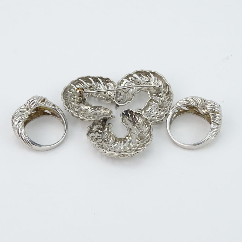 Vintage 14 Karat White Gold and Pave Set Round Cut Diamond Pin Brooch and 2 Rings Suite.