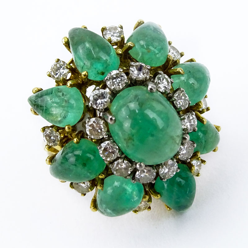 Vintage Approx. 8.0 Carat Cabochon Emerald, Round Brilliant Cut Diamond and 18 Karat Yellow Gold Ring. 