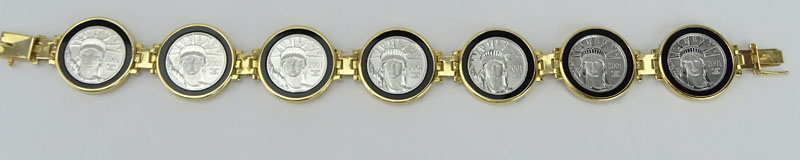 Vintage 14 Karat Yellow Gold, 2001 Platinum Liberty Coin and Onyx Bezel Link Bracelet. 