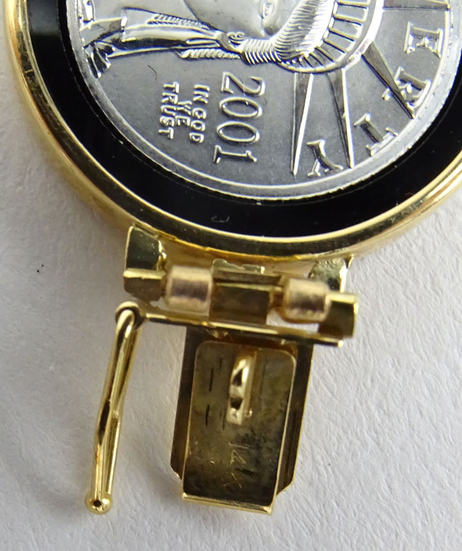 Vintage 14 Karat Yellow Gold, 2001 Platinum Liberty Coin and Onyx Bezel Link Bracelet. 