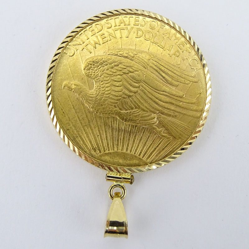 1908 U.S. Walking Liberty $20 Gold Coin in 14 Karat Yellow Gold Pendant.