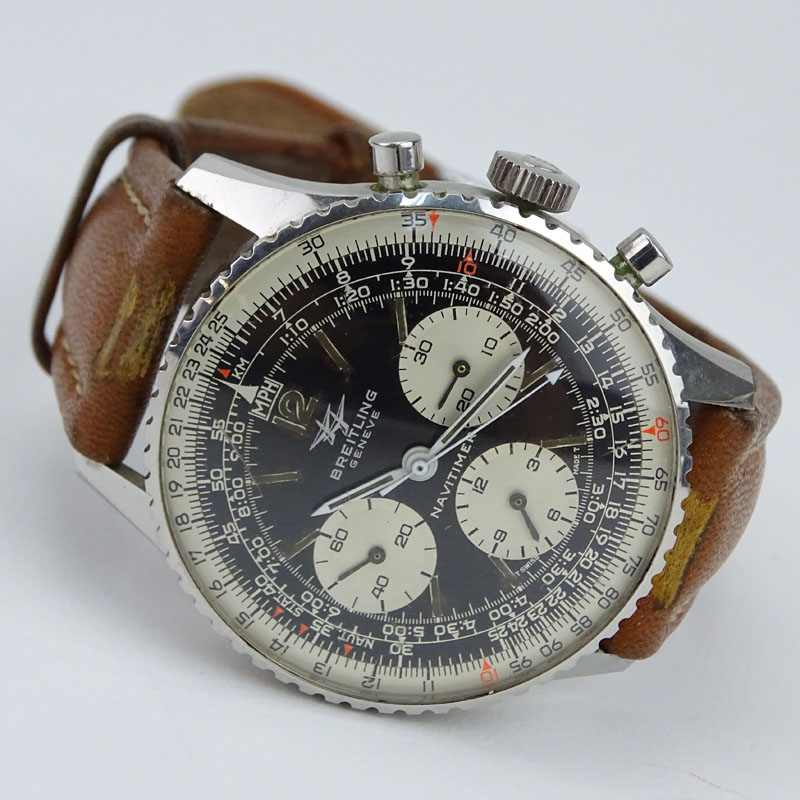 Breitling Navitimer 806 Stainless Steel Automatic Chronometer Watch with Leather Strap.