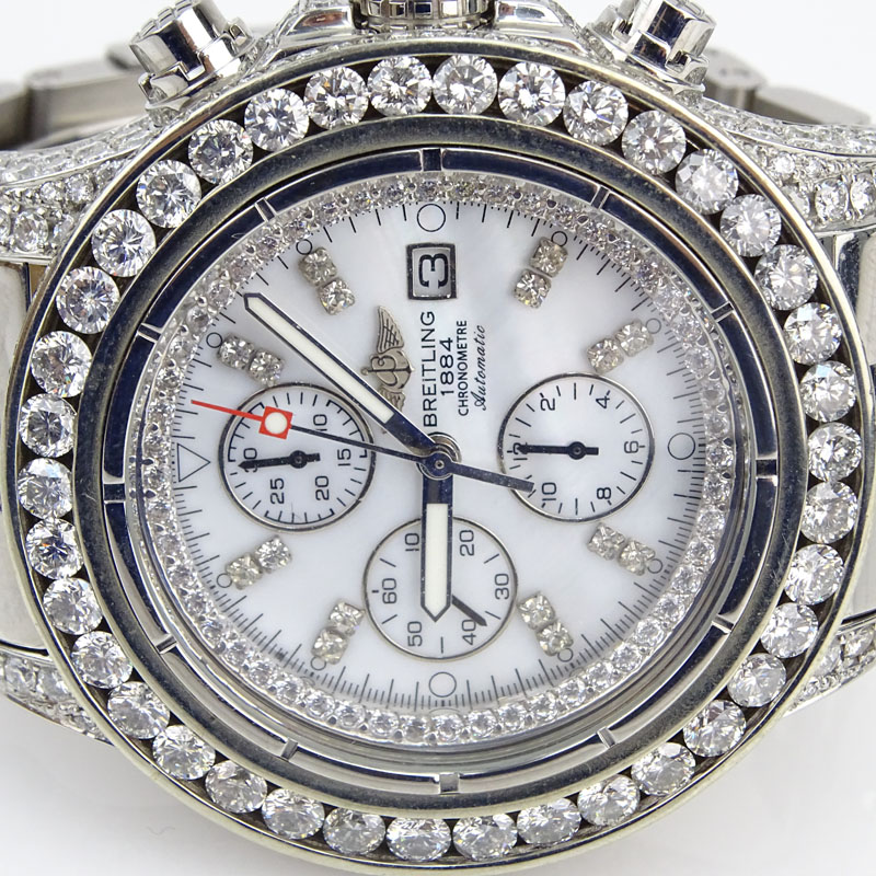 Man's Breitling Approx. 17.60 Carat Round Brilliant Cut Diamond and Stainless Steel Chronometre Automatic Bracelet Watch with Mother of Pearl Dial.