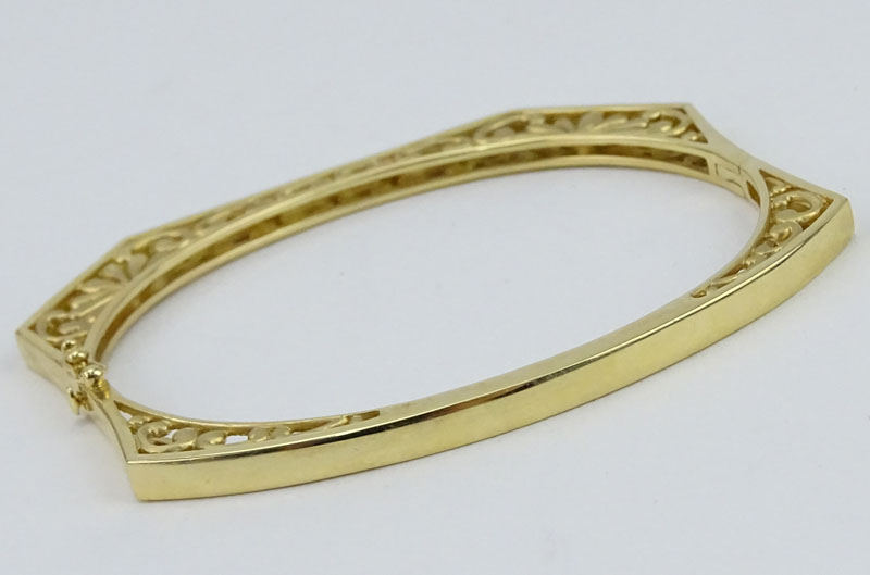 Fine 14 Karat Yellow Gold, Round Cut Fancy Yellow Diamond Openwork Hinged Cuff Bracelet. 