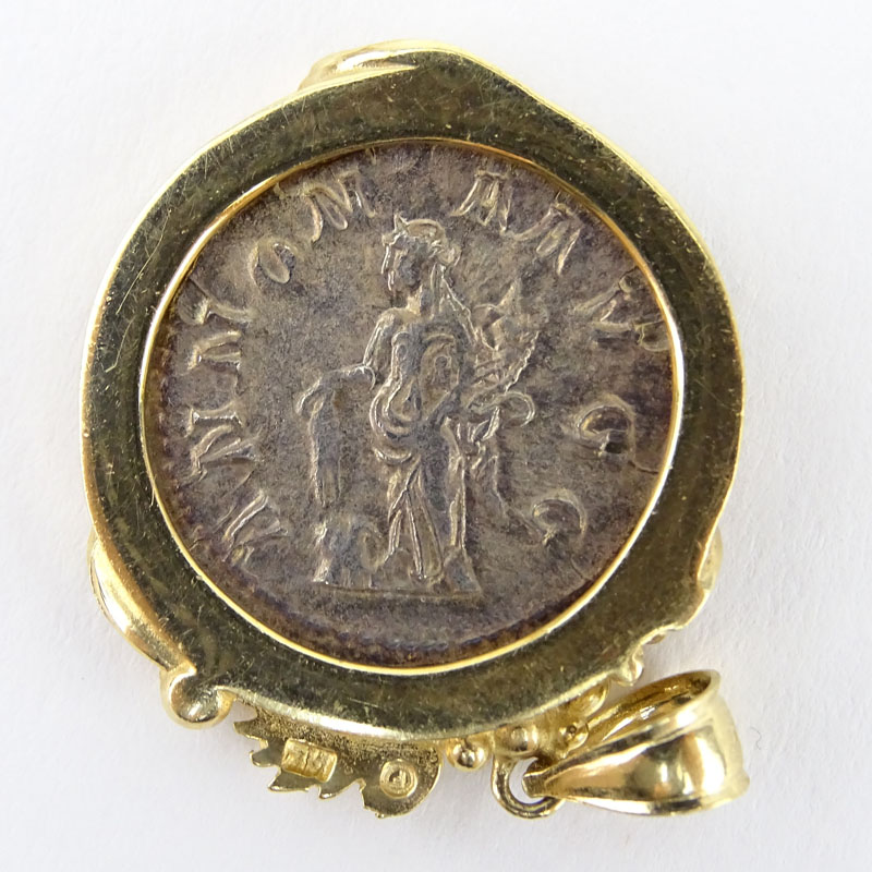 Roman Empire : Claudius II Gothicus ( A.D. 268-270 ) Silver Imperial Coin in 14 Karat Yellow Gold Pendant.