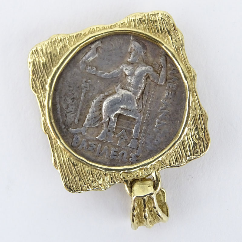 Roman Empire: Tetradrachm  of Alexander the Great ( 336-323 B.C. ) Silver Coin in 18 Karat Yellow Gold Pendent.