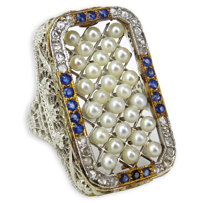 Antique Pearl, Sapphire and 14 Karat White Gold Filigree Ring. 
