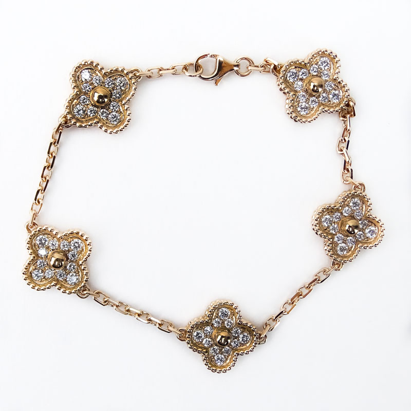 Van Cleef & Arpels Style Diamond and 18 Karat Pink Gold "Alhambra" Bracelet. Stamped 750 to clasp. 