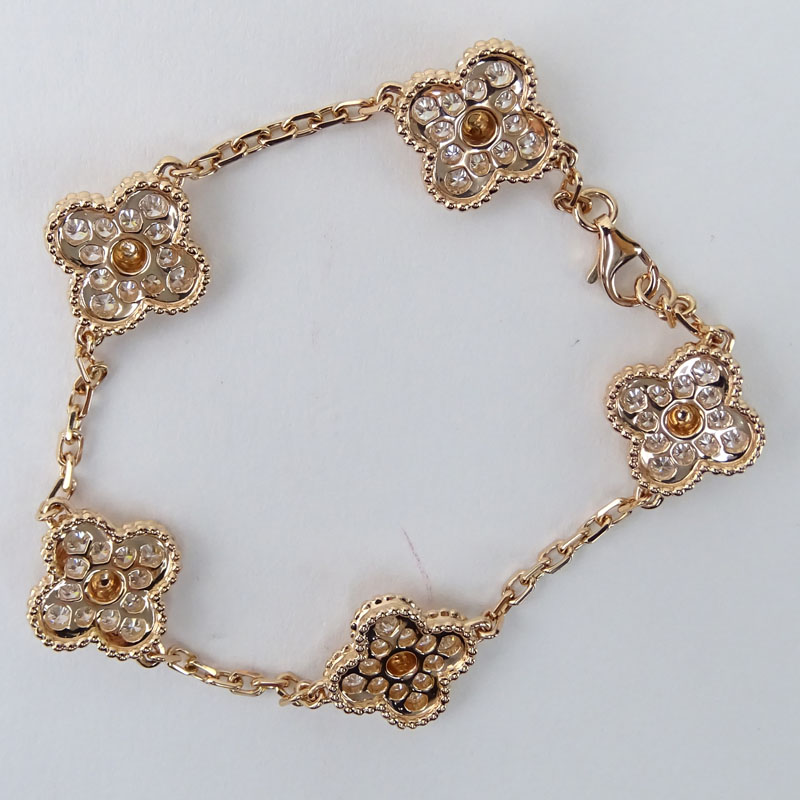 Van Cleef & Arpels Style Diamond and 18 Karat Pink Gold "Alhambra" Bracelet. Stamped 750 to clasp. 