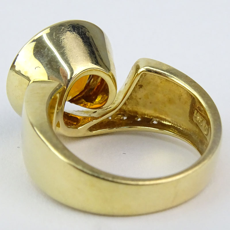 Vintage Round Brilliant Cut Citrine, Diamond and 14 Karat Yellow Gold Ring. 