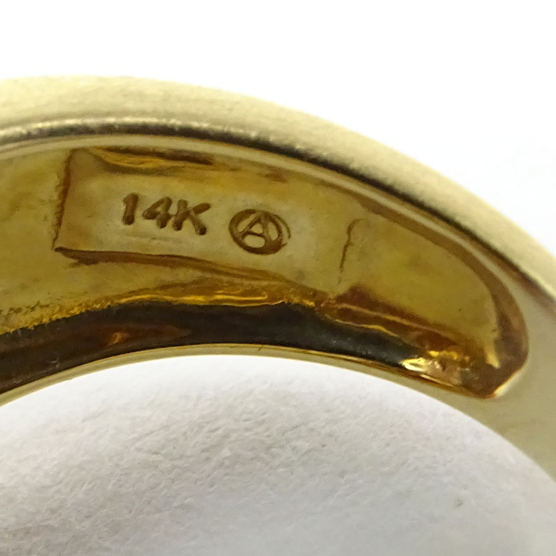 Vintage Round Brilliant Cut Citrine, Diamond and 14 Karat Yellow Gold Ring. 