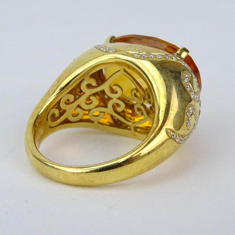 Oval Criss Cross Cut Citrine, Diamond and 18 Karat Yellow Gold Ring. 
