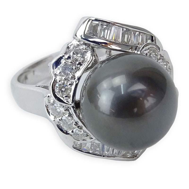 South Sea Black Pearl, Diamond and 14 Karat White Gold Ring. 