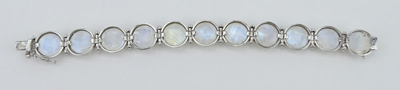 Vintage Criss Cross Round Cut Eleven (11) Labradorite / Rainbow Moonstone, Diamond and 14 Karat White Gold Bracelet. 