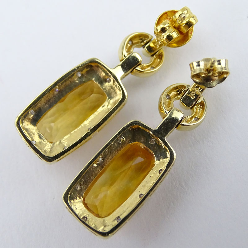 Criss Cross Citrine, Pave Set Diamond and 14 Karat Yellow Gold Pendant Necklace and Earring Suite. 