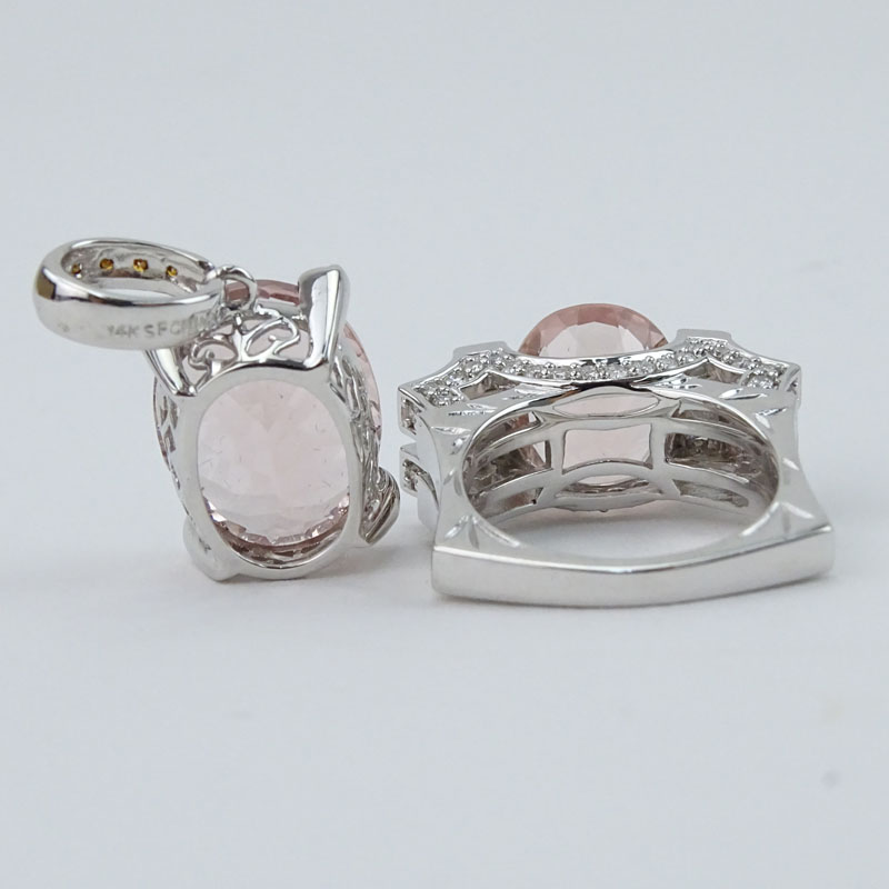 Oval Criss Cross Cut Morganite, Diamond and 18 Karat White Gold together with Oval Criss Cross Cut Morganite, Diamond and 14 Karat White Gold Pendant. 