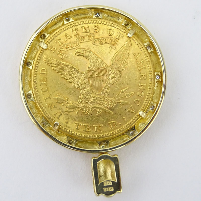 1897 U.S. Ten Dollar Gold Coin and 14 Karat Yellow Gold Pendant Accented with Round Cut Diamonds.