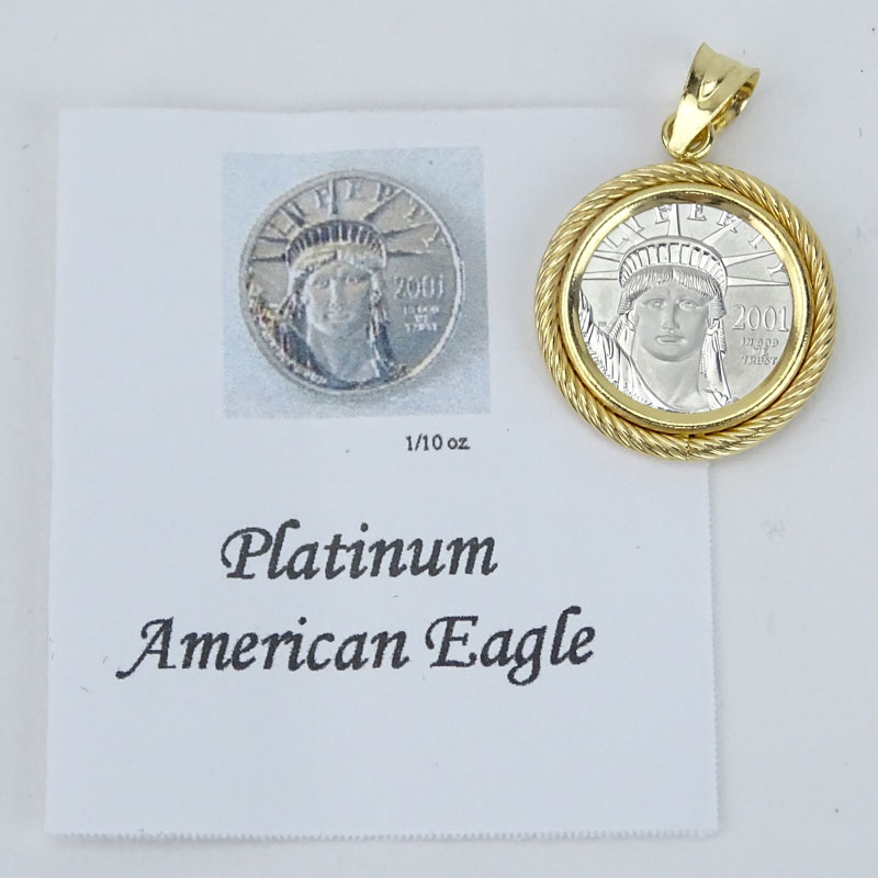 Vintage Platinum American Eagle $10 Coin along with two (2) 1876 Gold Lucky Angel 20 Franc Coins all in White or Yellow 14 Karat Gold Pendants.