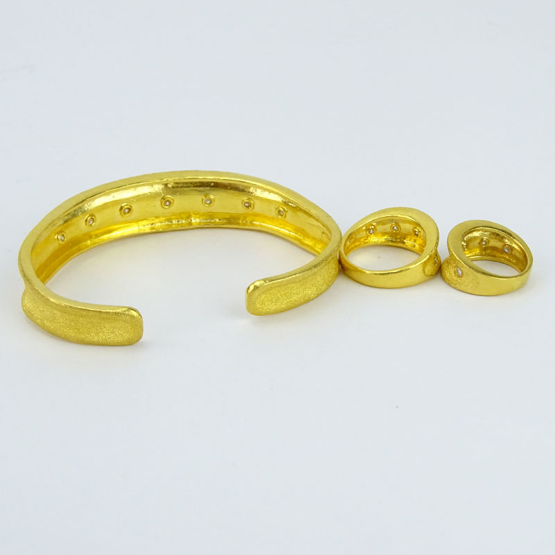 Vintage 24 Karat Fine Yellow Gold and Diamond Cuff Bangle Bracelet and Two Rings Suite.