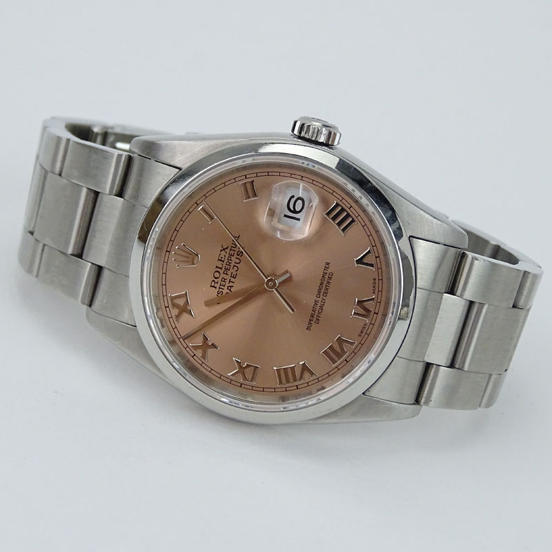 Rolex Datejust Stainless Steel Pink Dial Roman Numerals Automatic Chronometer Watch.