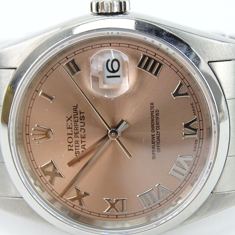 Rolex Datejust Stainless Steel Pink Dial Roman Numerals Automatic Chronometer Watch.