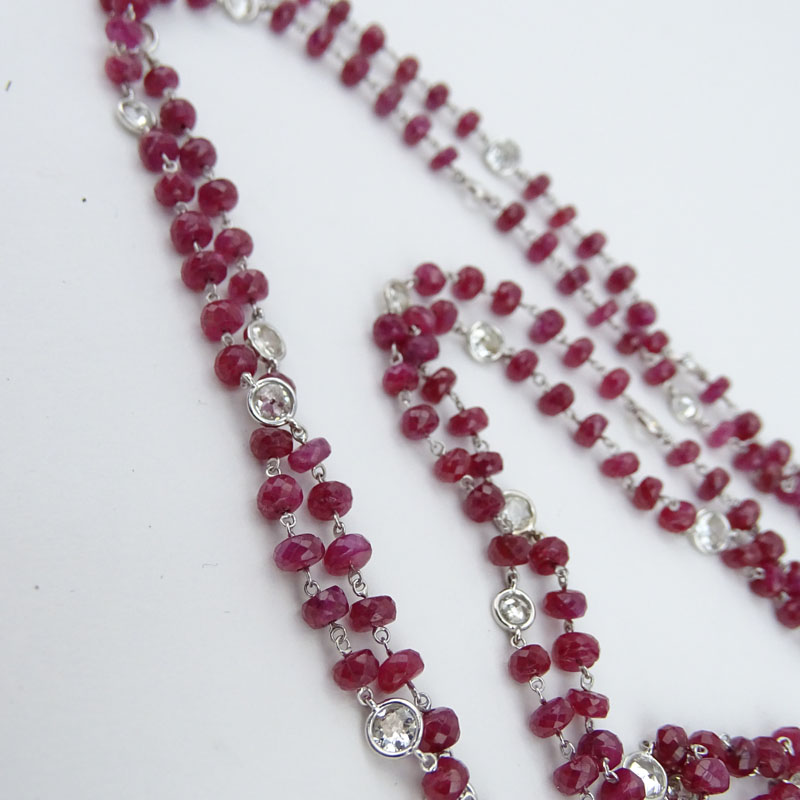 Approx. 7.50 Carat Round Brilliant Cut Diamond, 12.5 Carat Ruby Bead and 14 Karat White Gold Necklace. 