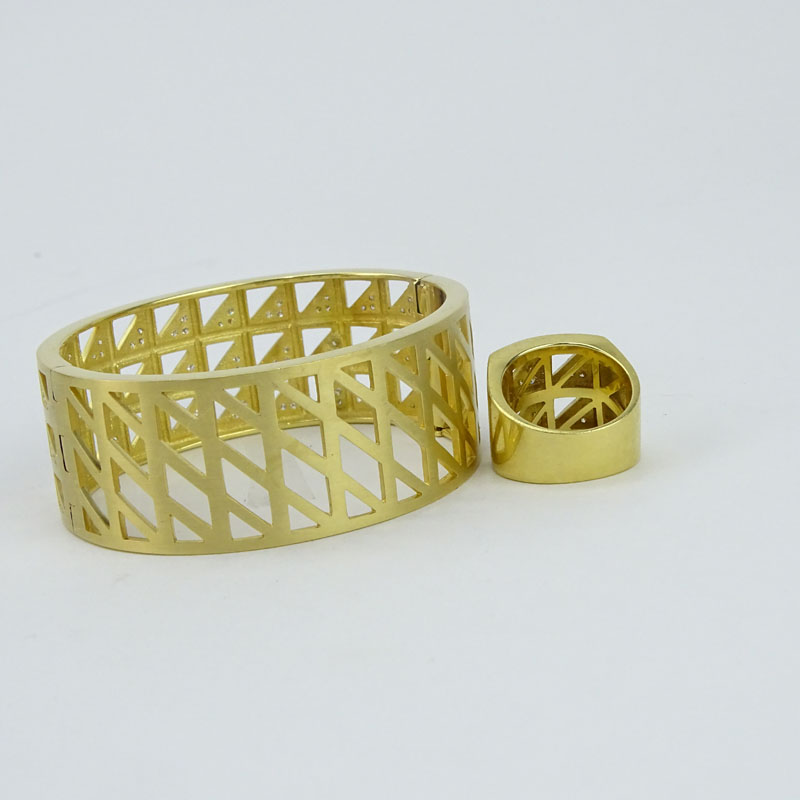 18 Karat Yellow Gold and Pave Set Diamond Cuff Bangle Bracelet with Pin-lock and Ring Suite.
