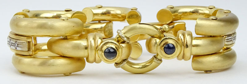 Vintage Italian 18 Karat Yellow Gold Link Bracelet with Diamonds and Cabochon Set Sapphire  Gemstone Accents.