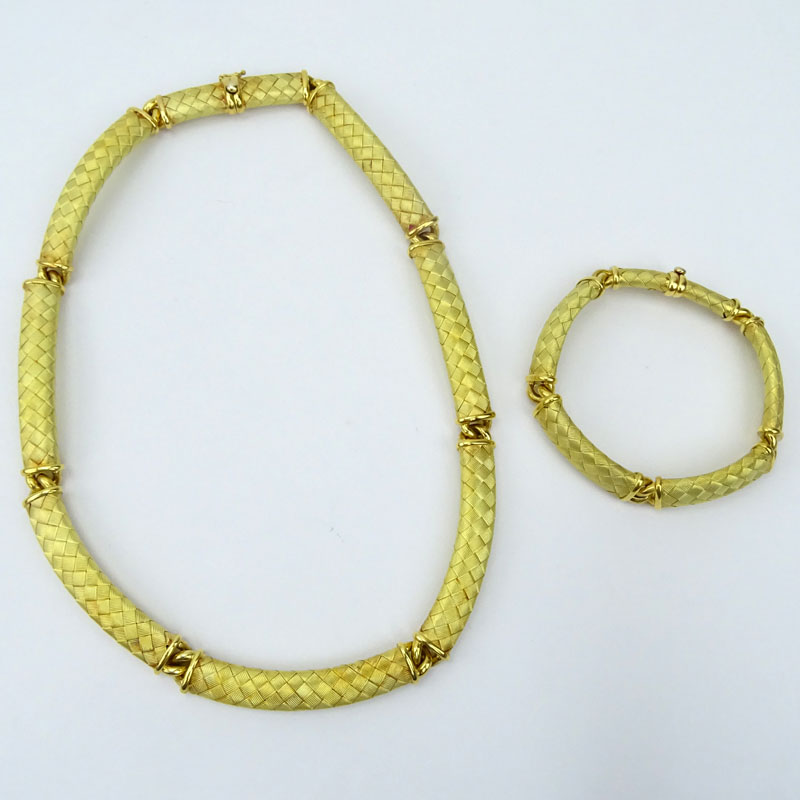 Vintage Italian 18 Karat Yellow Gold Bar Link Necklace and Bracelet Suite.
