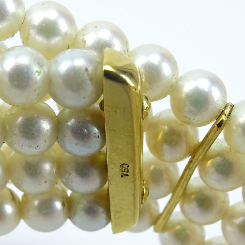 Fine Quality Burma Ruby, Pave Set Diamond, Pearl and 18 Karat Yellow Gold Four (4) Strand Flexible Choker Necklace. 