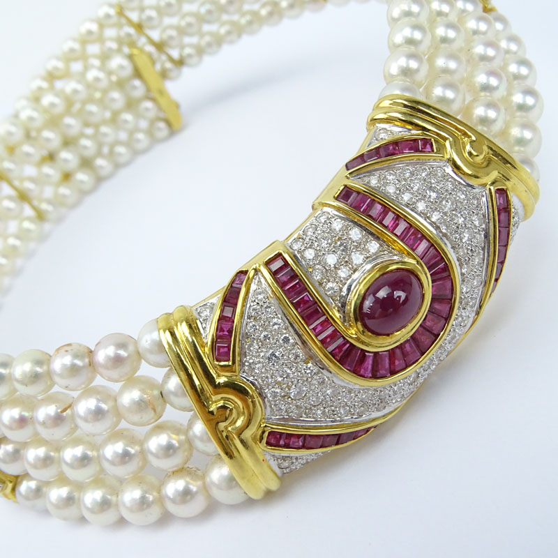 Fine Quality Burma Ruby, Pave Set Diamond, Pearl and 18 Karat Yellow Gold Four (4) Strand Flexible Choker Necklace. 