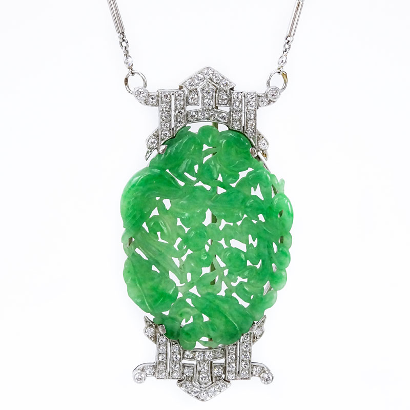 Antique Platinum and Old European Cut Diamond Mounted Chinese Finely Carved Openwork Jade Brooch / Necklace.