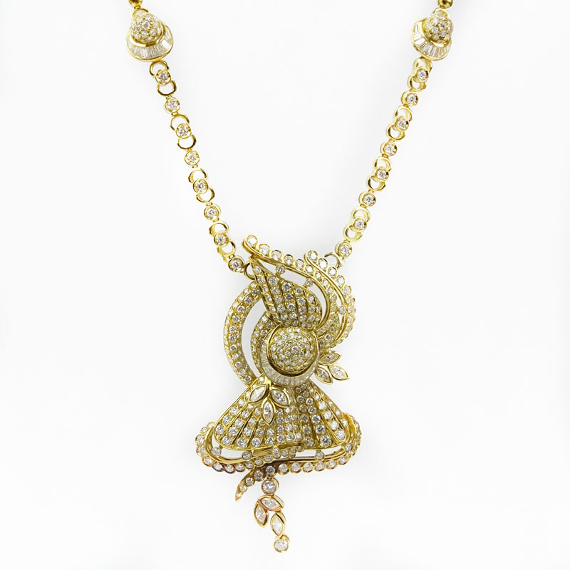 Vintage Chatila Style Approx. 30.0 Carat Round Brilliant, Marquise and Baguette Cut Diamond and Heavy 18 Karat Yellow Gold Large Pendant Necklace. 