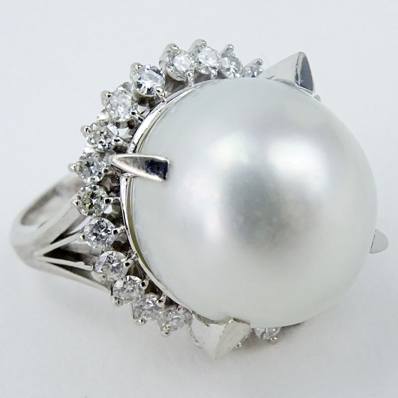 Vintage Large South Sea Pearl, Diamond and Platinum Ring.