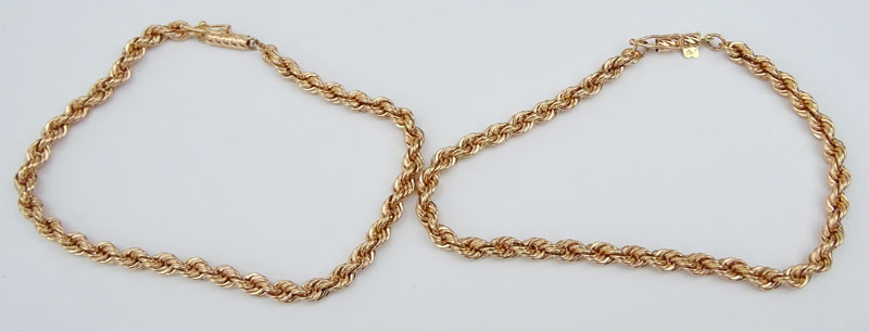 Seven (7) 14 Karat Rose Gold Diamond Cut Rope Bracelets and Chains Suite.