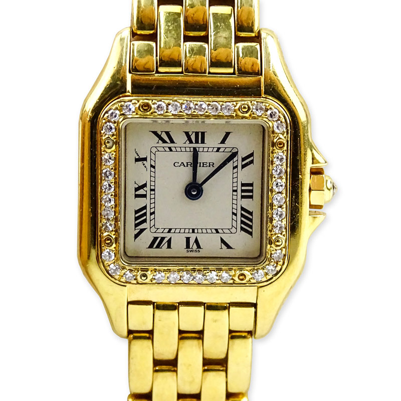 Lady's Cartier Panther 18 Karat Yellow Gold and Diamond Bracelet Watch with Swiss Quartz Movement .