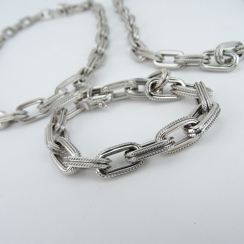 Vintage Italian 18 Karat White Gold Chain Link Necklace and Bracelet Suite.