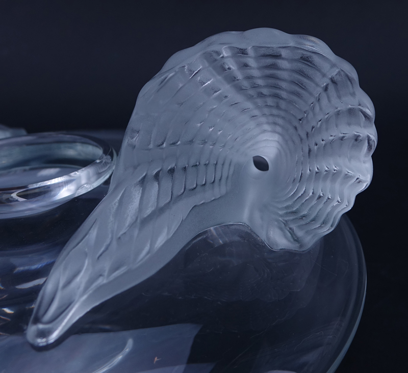 Large Lalique Crystal Low Vase. Two stylized frosted glass shell form handles flanking the opening of the clear vase.